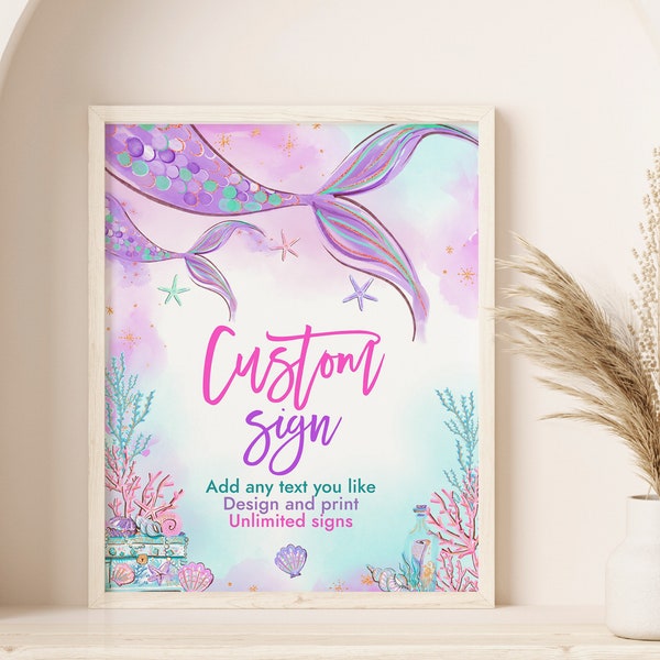 Mermaid Baby Shower Custom Sign Girl Birthday Table Signs Under The Sea Decor Magical Pink Purple Teal Tail Personalized Poster BS37 BT48