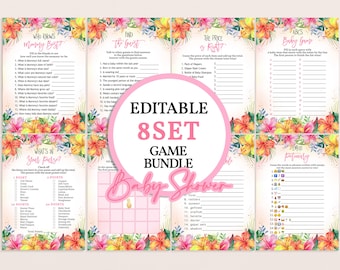 Aloha Baby Shower Games Set Hawaiian Tropical Luau Girl Baby Shower Bundle Summer Party Pineapple Printable Emoji Bingo Word Scramble BS19P