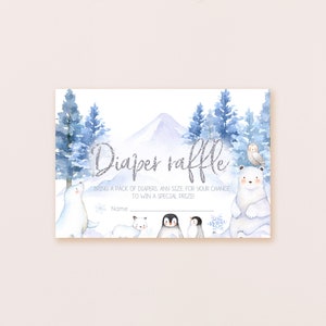 Winter Wunderland Windel Lotterielos Junge Baby Shower Baby Kalt Draussen Party Dekoration Eisbär Arktis Tiere Waldland Printable BS06B