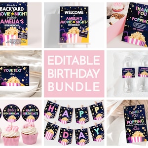 Backyard Movie Night Birthday Invitation Bundle Under The Stars Invite Set Outdoor Slumber Party Decor Sleepover Popcorn Kit EDITABLE BT05P