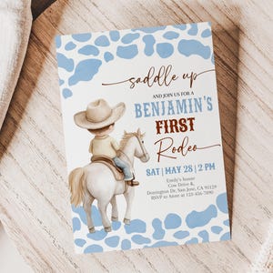 My First Rodeo Birthday Invitation Cowboy 1st Birthday Invite Boy Wild West Party Western Blue Horse Saddle Up Rustic Country EDITABLE AT75B