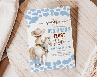 My First Rodeo Birthday Invitation Cowboy 1st Birthday Invite Boy Wild West Party Western Blue Horse Saddle Up Rustic Country EDITABLE AT75B