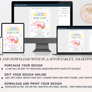 May include: Editable Easter egg hunt invitation template featuring a cute cartoon bunny holding a basket of eggs. The invitation is pink, yellow, and blue with a white background. The text on the invitation reads "Join us for an Easter Egg Hunt".