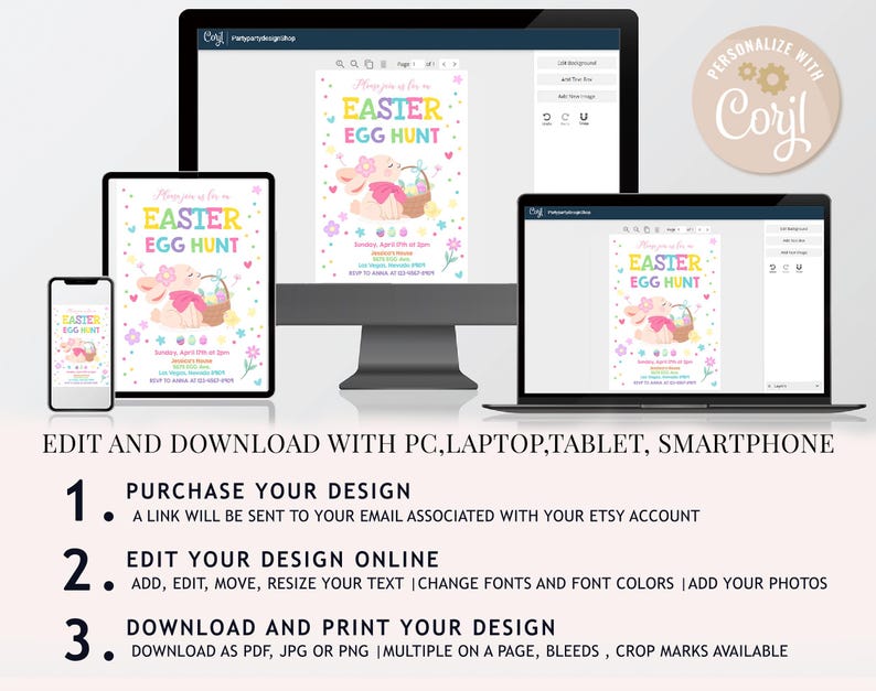May include: Editable Easter egg hunt invitation template featuring a cute cartoon bunny holding a basket of eggs. The invitation is pink, yellow, and blue with a white background. The text on the invitation reads "Join us for an Easter Egg Hunt".