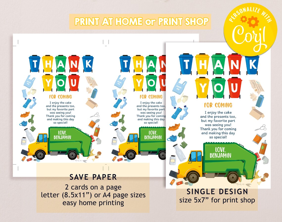 Garbage Truck Thank You Cards Recycling Truck Thank You Notes Boy ...