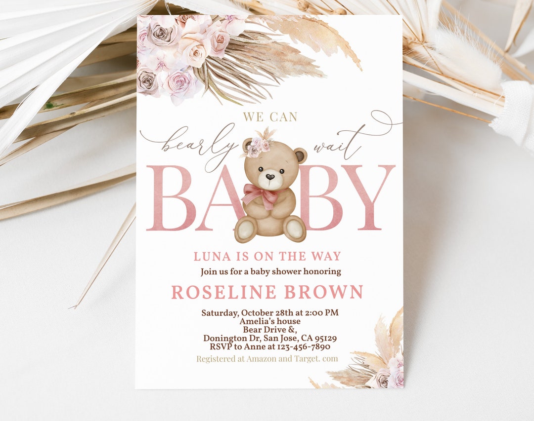 Teddy Bear Baby Shower Invitation We Can Bearly Wait Boho Pink Floral ...