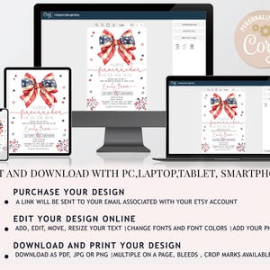 Puede incluir: Dise&ntilde;o de invitaci&oacute;n digital mostrado en varios dispositivos. La invitaci&oacute;n presenta un lazo rojo, blanco y azul con el texto "A little firecracker is on the way". Tambi&eacute;n se muestran instrucciones para editar y descargar.