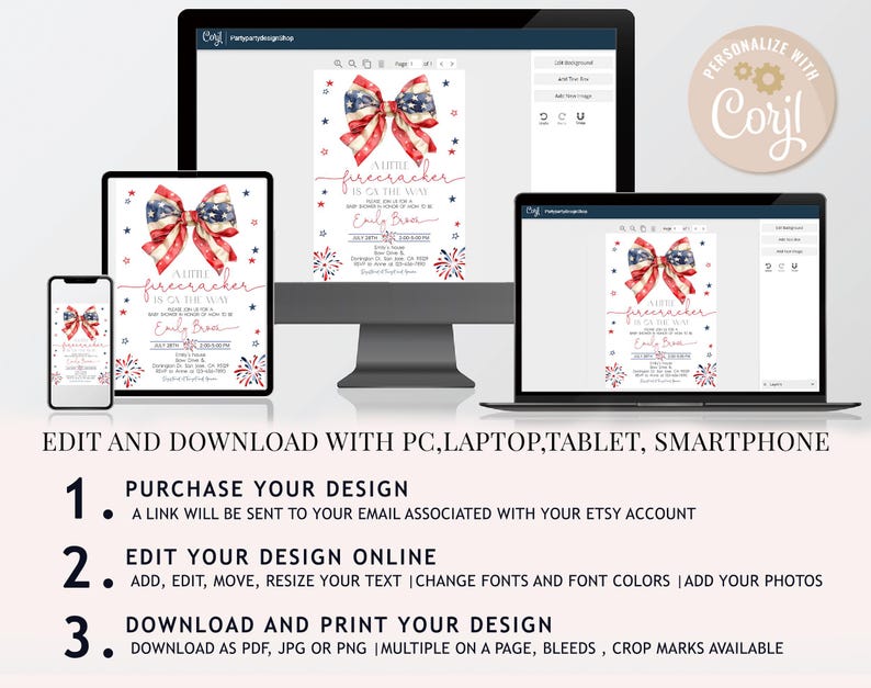 Puede incluir: Dise&ntilde;o de invitaci&oacute;n digital mostrado en varios dispositivos. La invitaci&oacute;n presenta un lazo rojo, blanco y azul con el texto "A little firecracker is on the way". Tambi&eacute;n se muestran instrucciones para editar y descargar.