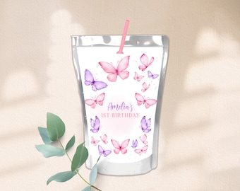 Butterfly Birthday Capri Sun Labels Girl 1st Birthday Decor Pink Purple Butterflies Floral Spring Garden Party Juice Pouch Printable BT93V