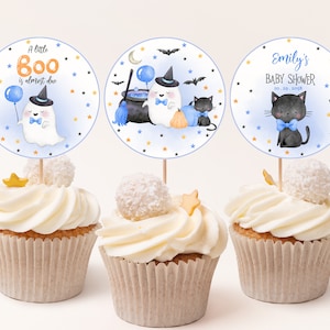 ハロウィンベビーシャワーカップケーキトッパー「A Little Boo is Almost Due Favor」タグかわいいゴースト秋のパーティーデコレーションラベル編集可能なテンプレートBBS029