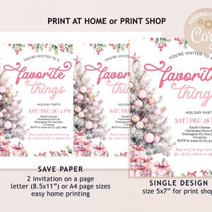 Pu&ograve; includere: Inviti per feste natalizie con un design ad acquerello di un albero di Natale. Gli inviti presentano il testo "You're Invited to a Favorite Things Holiday Party" e includono i dettagli dell'evento. Disponibile in pi&ugrave; dimensioni.