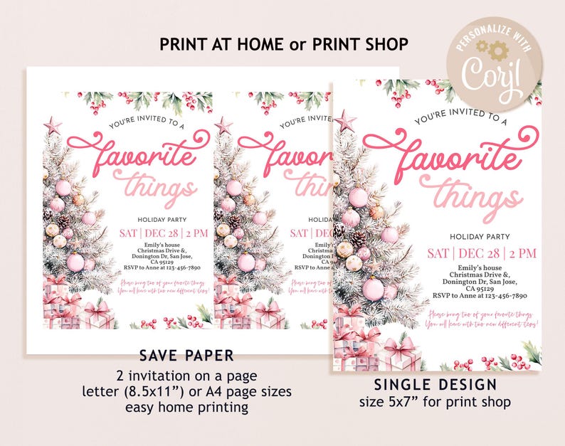 Pu&ograve; includere: Inviti per feste natalizie con un design ad acquerello di un albero di Natale. Gli inviti presentano il testo "You're Invited to a Favorite Things Holiday Party" e includono i dettagli dell'evento. Disponibile in pi&ugrave; dimensioni.