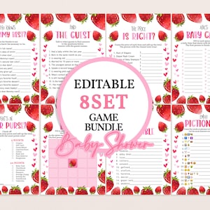 May include: Printable baby shower game bundle with a strawberry theme. The games include "Who Knows Mommy Best?", "Find the Guest", "The Price is Right", "What's in Your Purse?", "ABCs Baby Game", "Emoji Pictionary", and "Baby Shower Bingo".
