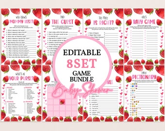 Strawberry Baby Shower Games Set A Berry Sweet is On the Way Girl Gender Neutral Party Game Bundle Printable Emoji Bingo Word Scramble BS16P