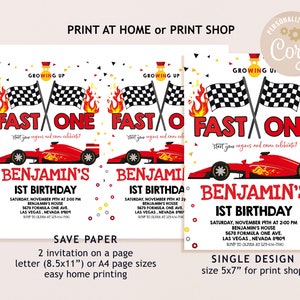 May include: A printable invitation for a 1st birthday party featuring a red racing car and chequered flags. The text reads "Growing Up Fast One" and "Benjamin's 1st Birthday".