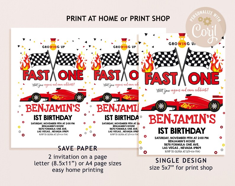 May include: A printable invitation for a 1st birthday party featuring a red racing car and chequered flags. The text reads "Growing Up Fast One" and "Benjamin's 1st Birthday".