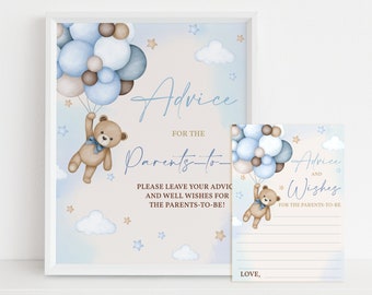 Teddy Bear Baby Shower Advice Card Sign We Can Bearly Wait Games Parents Mom-to-be Blue Pampas Grass Boho Hot Air Balloons EDITABLE BS21B