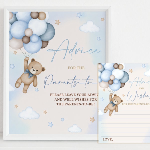 Teddy Bear Advice Card Sign Girl Baby Shower Games Parents Mom-to-be Blue Pampas Grass Gender Neutral Party Hot Air Balloons EDITABLE BS21B