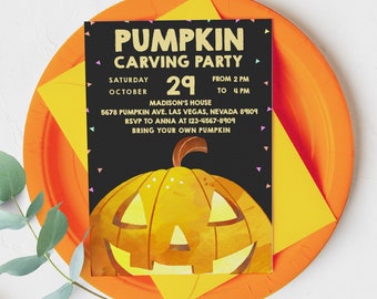 Pumpkin Carving Party Invitation Halloween Invite Fall Autumn Jack O' Lantern Spooky Birthday Digital EDITABLE Template Download HOL008