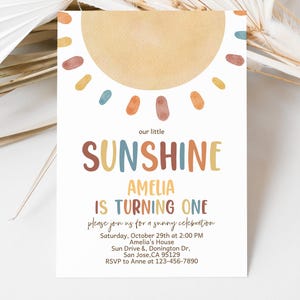 Sunshine Birthday Invitation Boho Sun Boy Girl Summer Party Invite Our Little Sunshine You Are My Sunshine Rainbow EDITABLE Template BT86