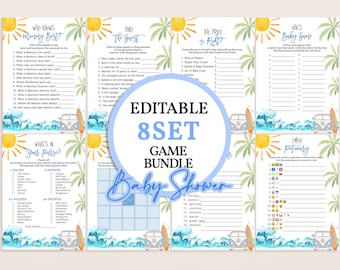 Surf Baby Shower Games Set Baby on Board Baby Shower Bundle Surfing Beach Party Retro Surf Van Printable Emoji Bingo Word Scramble BS52B