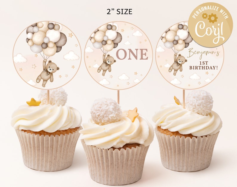 Teddy Bear Birthday Cupcake Toppers Boy Girl 1st First Party Favor Boho ...