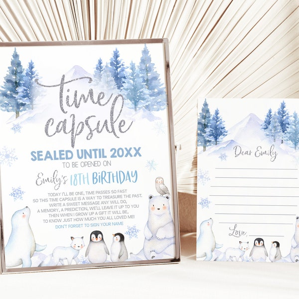 Winter Onederland Time Capsule Sign Wonderland Boy Girl First 1st Birthday Party Decor Polar Bear Arctic Animals Guestbook EDITABLE BT46B