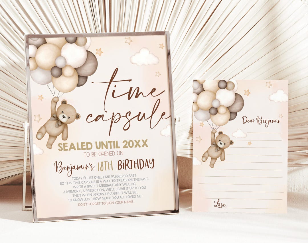 Teddy Bear Time Capsule Sign 1st Birthday Party Guestbook Boho Beige ...