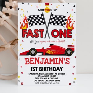 Race Car Invitation Birthday Party Invites Racing Car Fast One Boy 1st First Red Raceway Digital Printable Template EDITABLE BTD023
