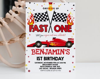 Race Car Invitation Birthday Party Invites Racing Car Fast One Boy 1st First Red Raceway Digital Printable Template EDITABLE BTD023