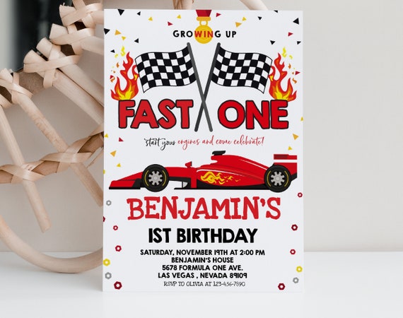 Race Car Invitation Birthday Party Invites Racing Car Fast One Boy 1st First Red Raceway Digital Printable Template EDITABLE BTD023