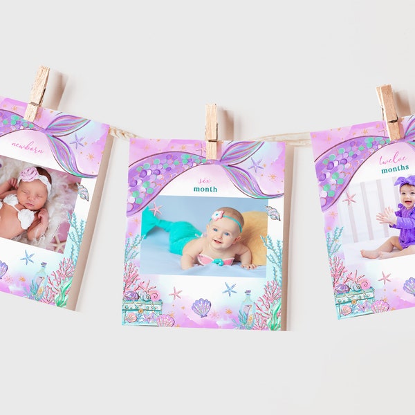 Mermaid Monthly Photo Banner Girl Birthday Party Decor Under The Sea Princess Magical Purple Teal Gold 12 Month Bunting Flag Printable BT48V