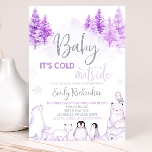 Winter Wonderland Baby Shower Invitation Girl It&#39;s Cold Outside Invite Polar Bear Arctic Animals Woodland Silver Snowflakes EDITABLE BS06V