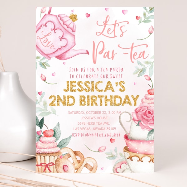 Tea Party Birthday Invitation Girl 2nd Birthday Party Invite Gold Blush Pink Floral High Tea for Two Whimsical Garden Par-Tea EDITABLE BT10P