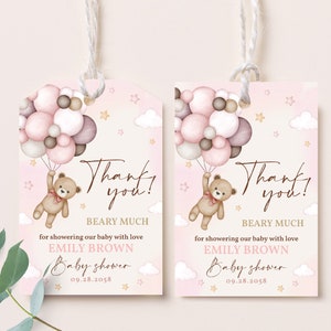 Etiquetas de regalo con forma de osito de peluche, etiquetas de agradecimiento para baby shower de niña en color rosa ruborizado, etiquetas de regalo para el primer cumpleaños, etiquetas de regalo para fiestas, etiquetas bohemias imprimibles BS21P BT81P