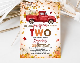 May include: A red truck with a bed full of pumpkins, with fall leaves scattered around it. The text "OUR LITTLE PUMPKIN IS TURNING TWO" is at the top of the invitation. The text "Please join us to celebrate Benjamin's 2ND BIRTHDAY" is below the truck. The invitation also includes the date, time, location, and RSVP information.