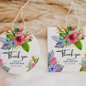 Etiquetas para lembrancinhas de aniversário Luau Etiquetas para presente de chá de bebê Aloha Decoração de festa de verão tropical havaiana Etiquetas de agradecimento de hibisco rosa para impressão BS09R AT29R