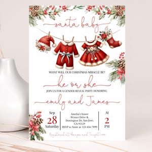 Weihnachten Gender Reveal Einladung Santa Baby-Kleidung Wäsche Wäsche Babyparty einladen Wäscheleine Winter Urlaub Party Er oder Sie EDITIERBAR AS11M