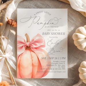 Sweet Little Pumpkin Baby Shower Invitation Orange Pink Pumpkin Bow Shower Invite Watercolor Ribbon Girl Autumn Fall Party EDITABLE AS64P