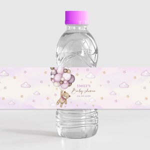 Etiquetas para botellas de agua con forma de osito de peluche, estilo bohemio, para baby shower, bebidas, otoño, revelación de género, recuerdos de fiesta, pegatinas impermeables, plantilla imprimible BS21V