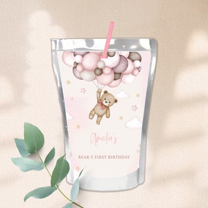 Pochette de jus d'ours en peluche, étiquettes pour boisson, première fille de Beary, 1er anniversaire, herbe de pampa rose, bohème, étiquette de boisson imprimable BT81P