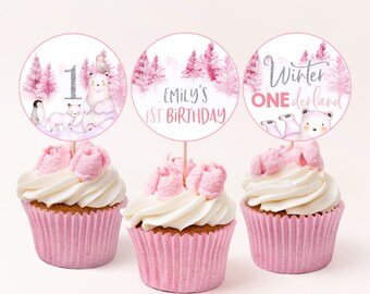Decorazioni per cupcake Winter Onerderland Wonderland per bambini e bambine, primo compleanno, decorazione per feste, centrotavola con animali artici e orso polare, stampabili, BT46P