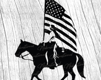 May include: Black silhouette of a person riding a horse and holding a large American flag. The image includes the text "Midwesterned" in a script font, along with "SVG-PNG-EPS JPEG-PDF" and "COMMERCIAL LICENSING FOR PHYSICAL PRODUCTS."