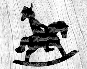 May include: Black silhouette of a child riding a rocking horse. The image is repeated in the background, creating a pattern.
