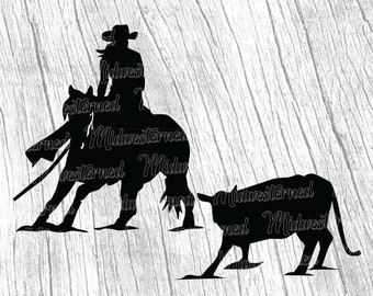 May include: Silhouette of a person riding a horse and herding a cow. The image is black and white and has the text "Midwesterned" repeated throughout.
