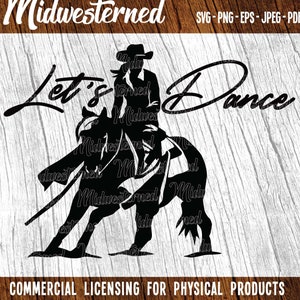 May include: Black and white silhouette of a person riding a horse, with the text "Let's Dance" in a stylised font. The image is set against a woodgrain background.