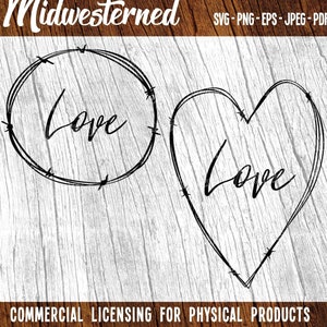 Op de afbeelding: Twee zwart-wit afbeeldingen van het woord "Love" in een gestileerd lettertype. De eerste afbeelding is een cirkel met prikkeldraad rond de rand. De tweede afbeelding is een hartvorm met prikkeldraad rond de rand.