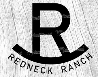May include: Black and white graphic design of a stylized letter R with the words "Redneck Ranch" underneath. The design is on a white wood background.