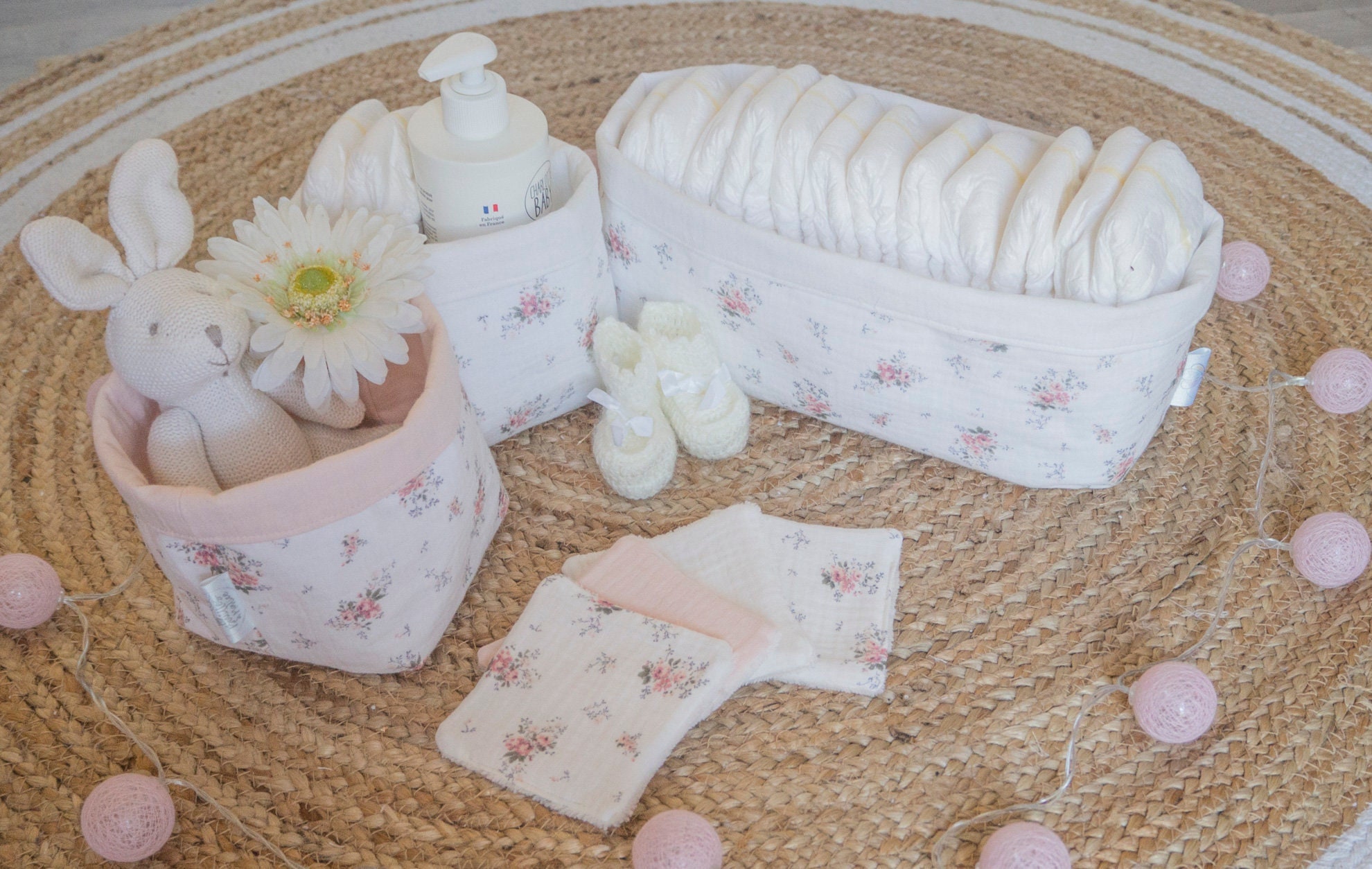 Panier Tissus Rangement/ Panier Lingettes Lavables /Panier à Couches Eléonore