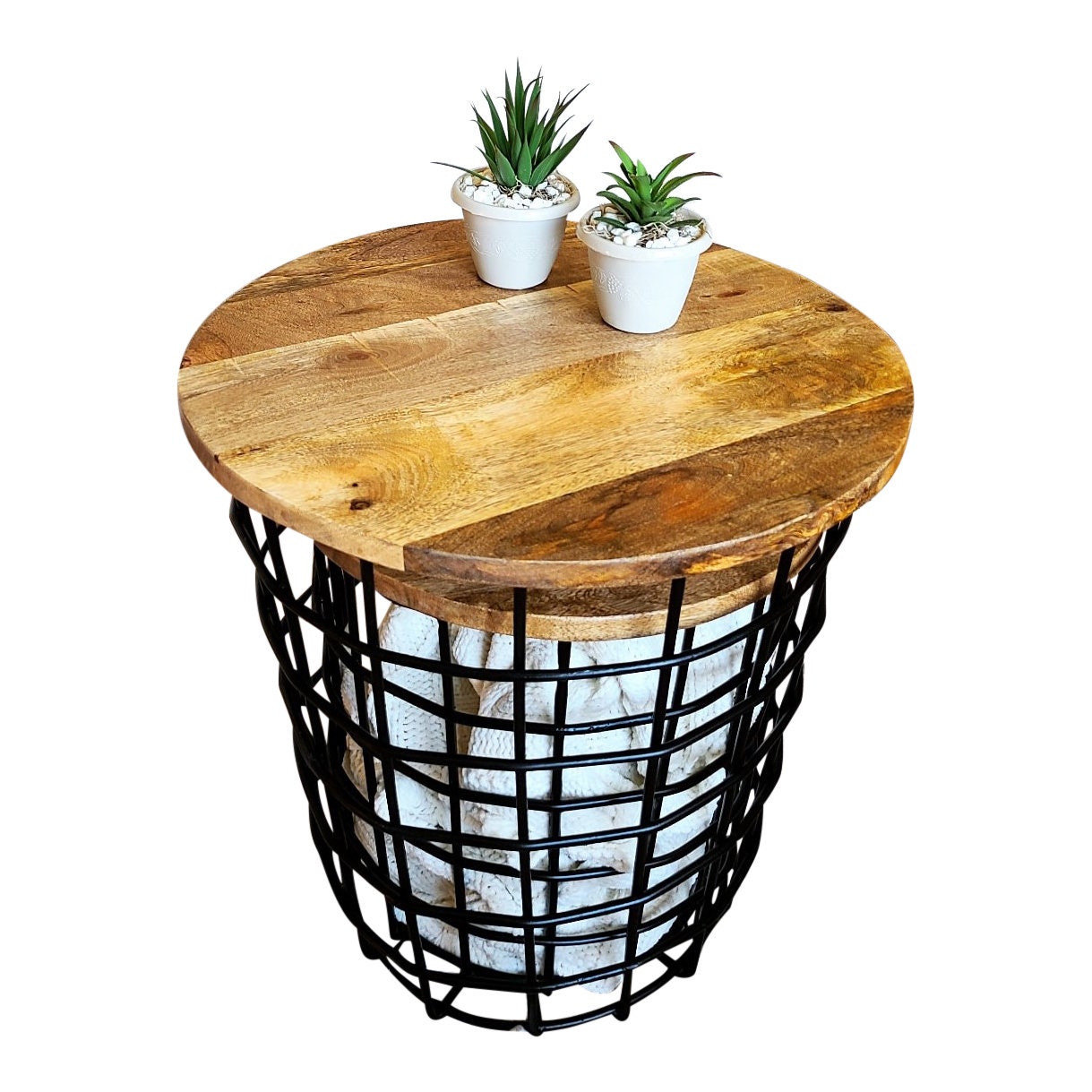 Set of 2 Round Wood Top Basket Side Coffee Table. Rustic Solid Etsy